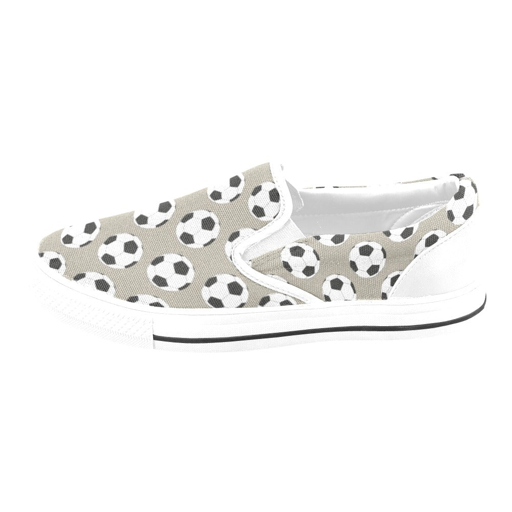 Soccer Ball Print Design LKS302 White Slip Ons Canvas Women's Shoes