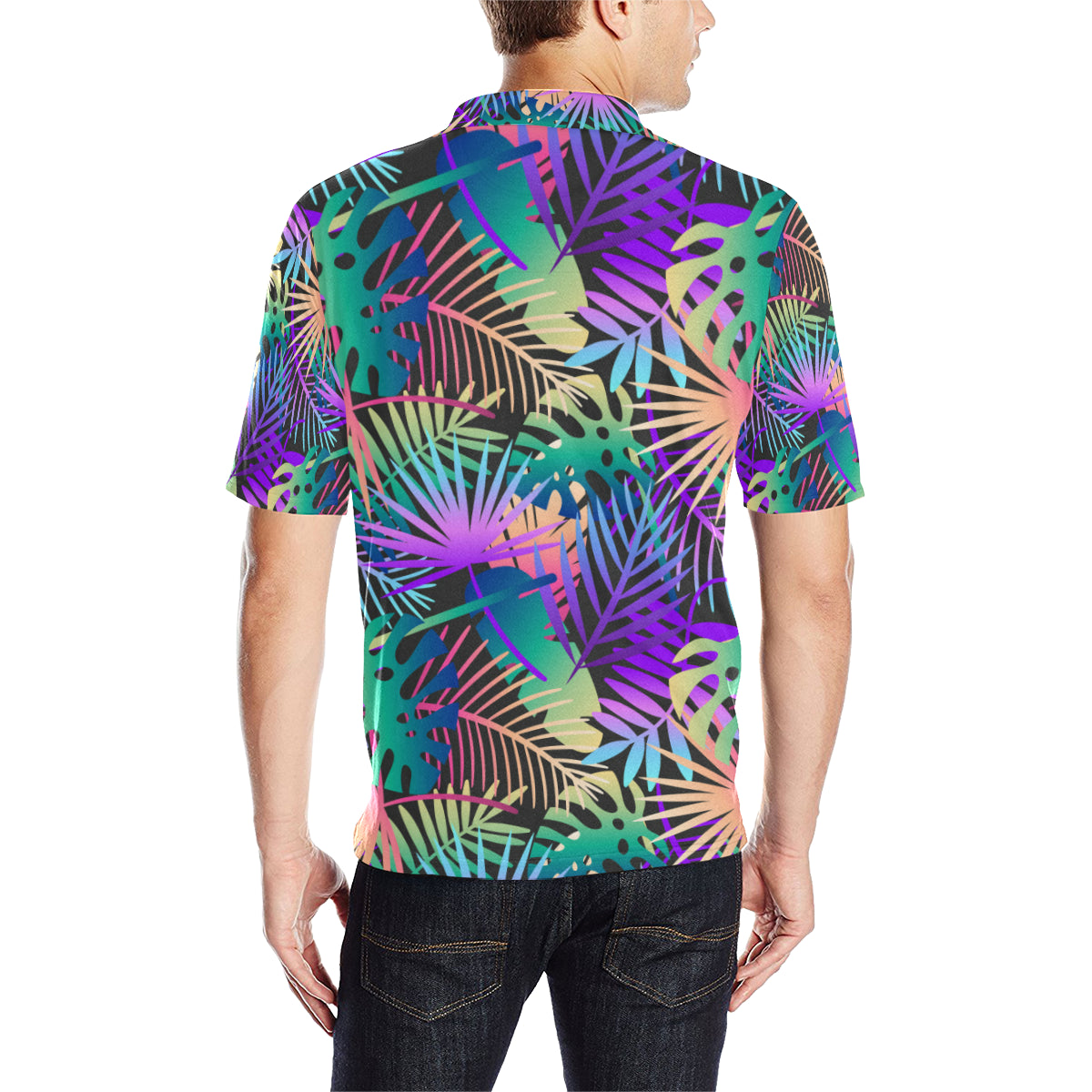 Neon Flower Tropical Palm Leaves Men Polo Shirt