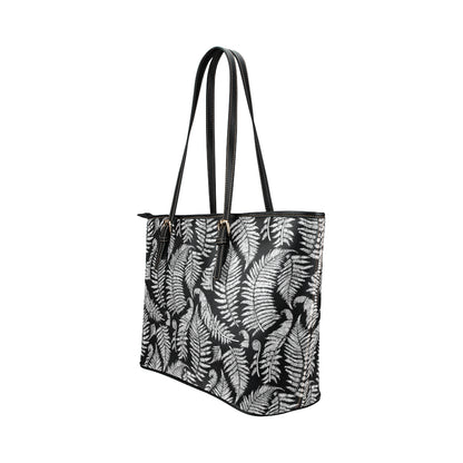 Fern Leave Black White Print Pattern Leather Tote Bag