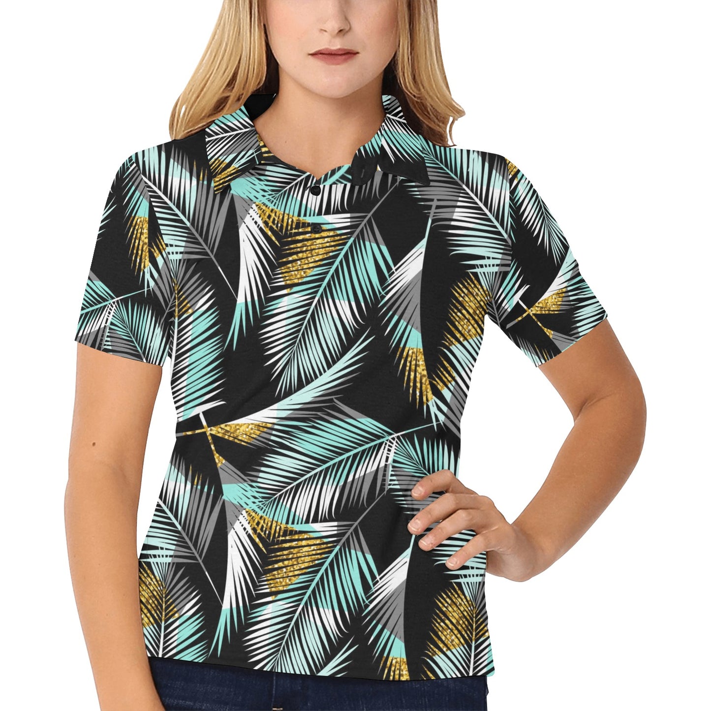 Gold Glitter Cyan Tropical Palm Leaves Women's Polo Shirt