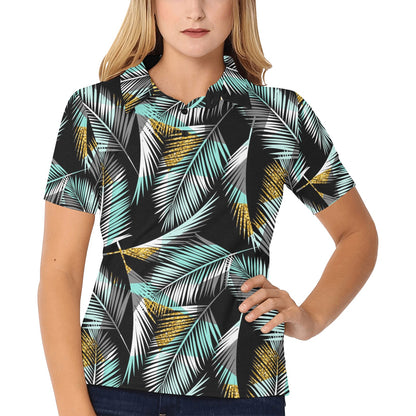 Gold Glitter Cyan Tropical Palm Leaves Women's Polo Shirt