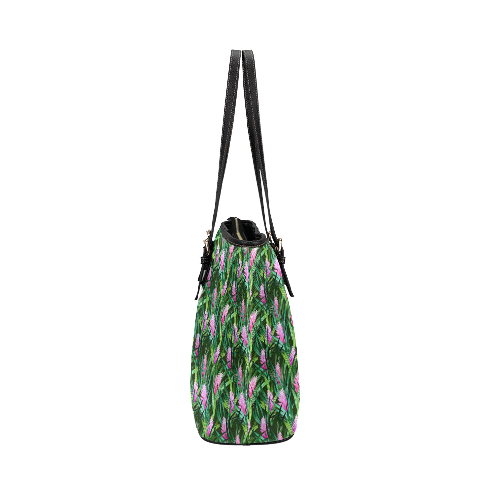Tropical Folower Pink Heliconia Print Leather Tote Bag