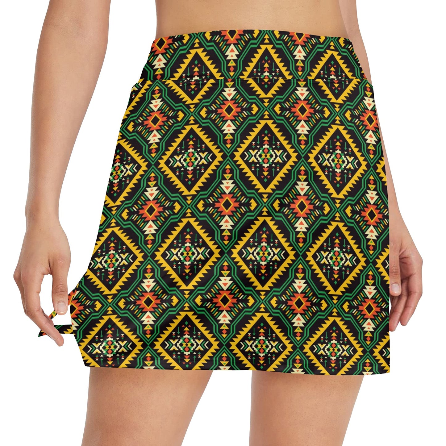 Kente Green Design African Print 17" Golf & Pickleball Skort with Pockets