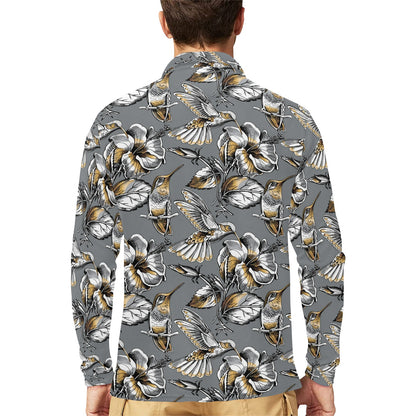 Hummingbird Pattern Print Design 02 Long Sleeve Polo Shirt For Men's