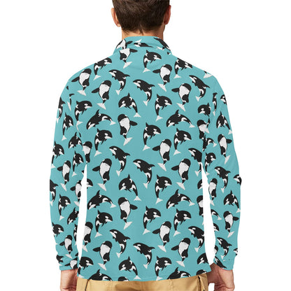 Whale Action Design Themed Print Long Sleeve Polo Shirt For Men's