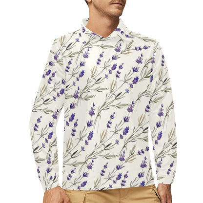 Lavender Pattern Print Design 01 Long Sleeve Polo Shirt For Men's