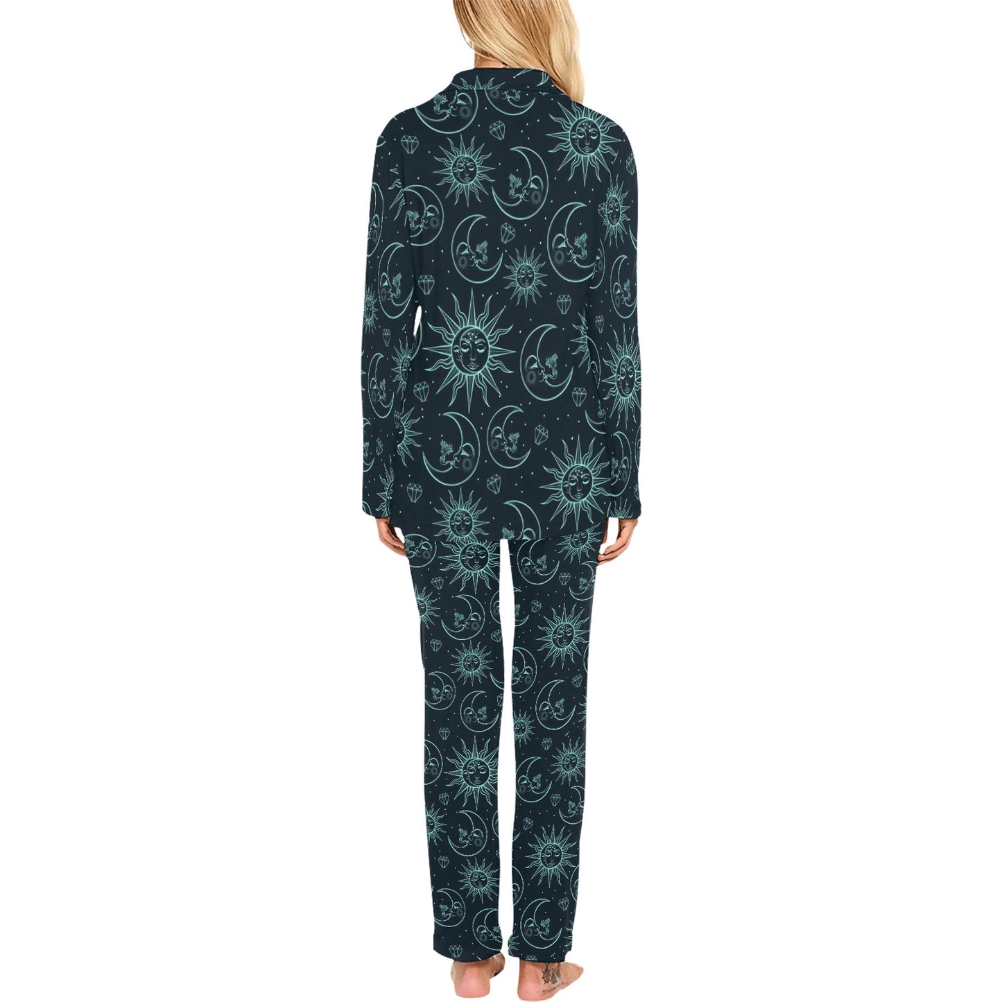 Sun Moon Magic Design Themed Print Women's Long Pajama Set