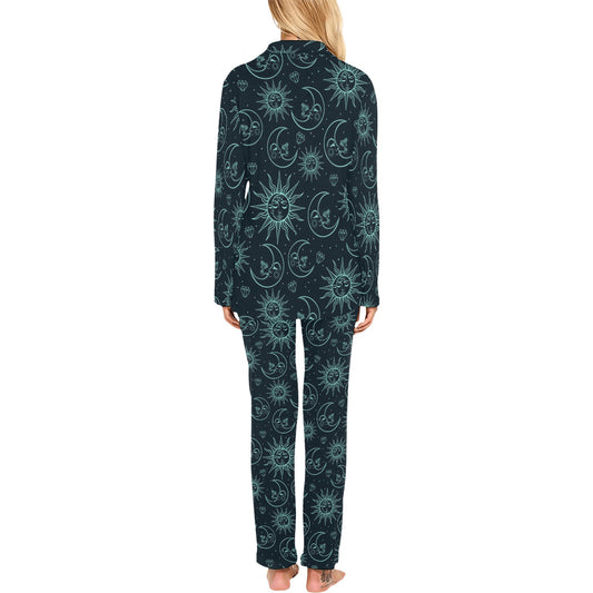 Sun Moon Magic Design Themed Print Women's Long Pajama Set