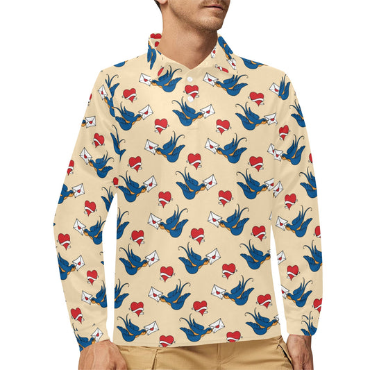 Swallow Bird Pattern Print Design 05 Long Sleeve Polo Shirt For Men's
