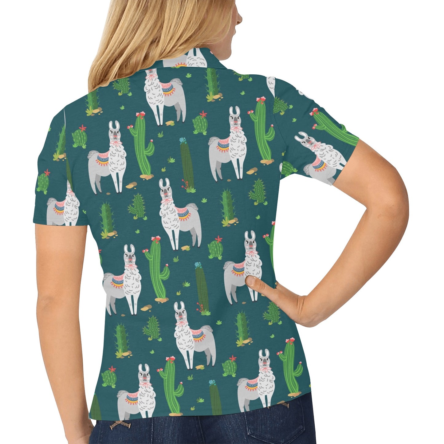 Llama Cactus Pattern Print Design 013 Women's Polo Shirt