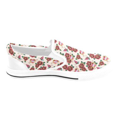 Tattoo Rose Print Design LKS302 White Slip Ons Canvas Women's Shoes