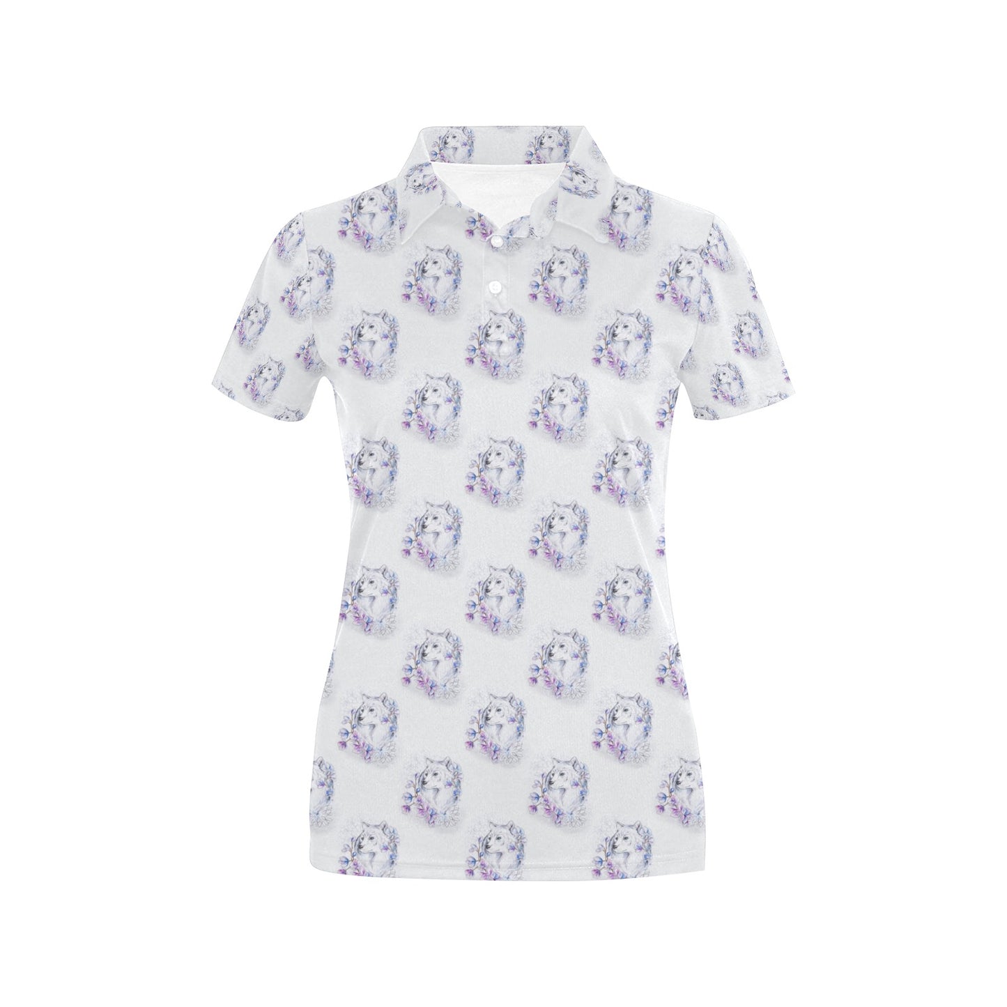 Wolf with Flower Print Design Women's Polo Shirt