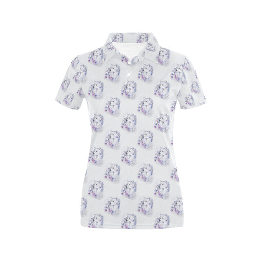 Wolf with Flower Print Design Women's Polo Shirt