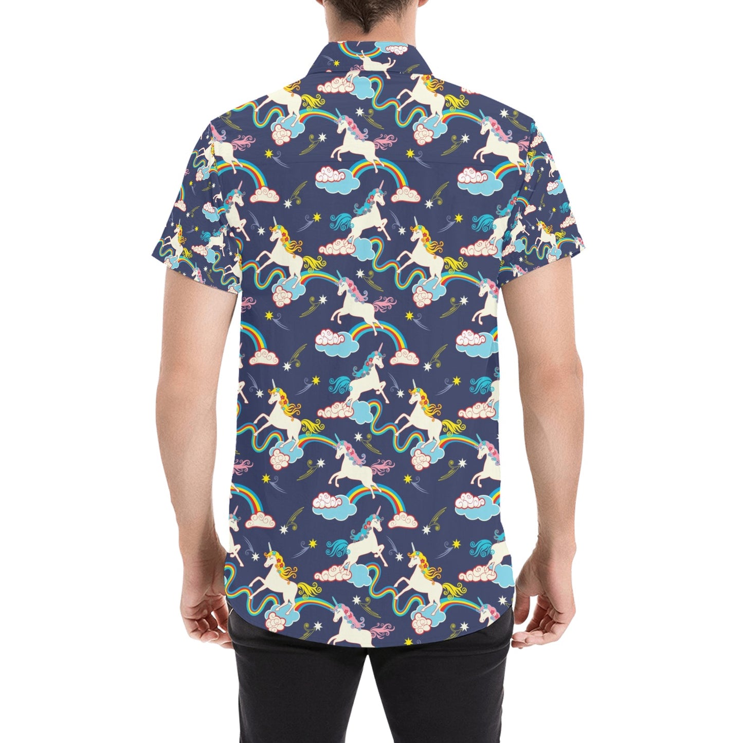 Unicorn Print Design LKS304 Men Short Sleeve Button Up Shirt