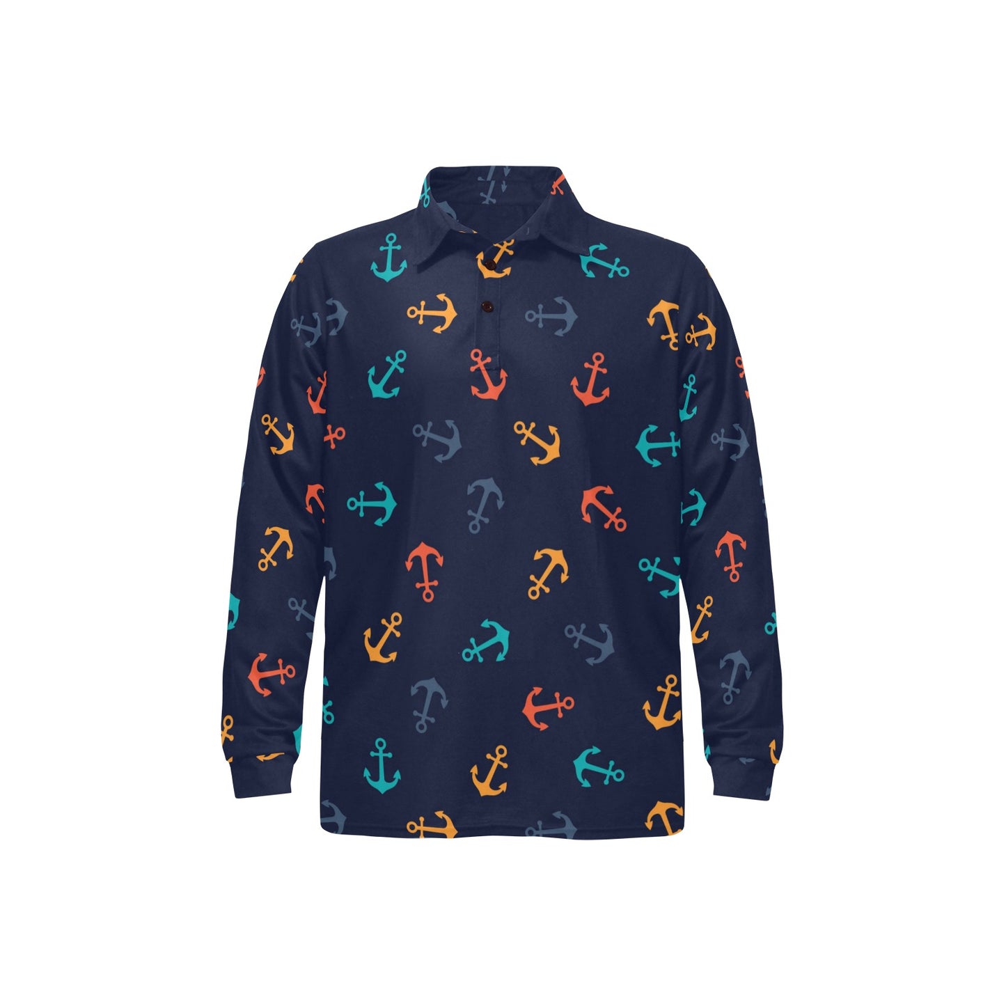 Anchor Pattern Print Design 05 Long Sleeve Polo Shirt For Men's