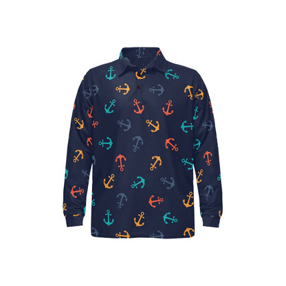 Anchor Pattern Print Design 05 Long Sleeve Polo Shirt For Men's