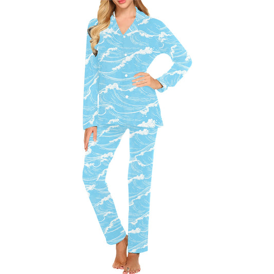Ocean Wave Pattern Print Design A01 Women's Long Pajama Set
