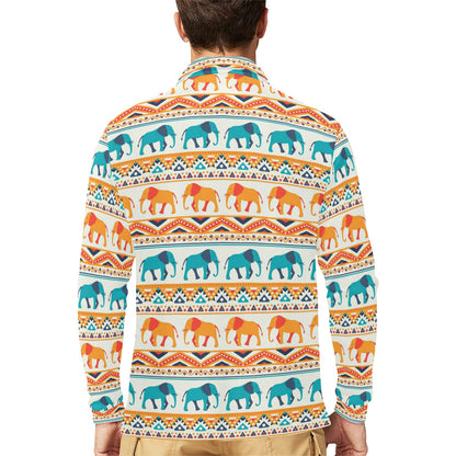Elephant Aztec Ethnic Print Pattern Long Sleeve Polo Shirt For Men's