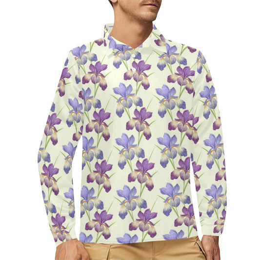 Iris Pattern Print Design IR08 Long Sleeve Polo Shirt For Men's