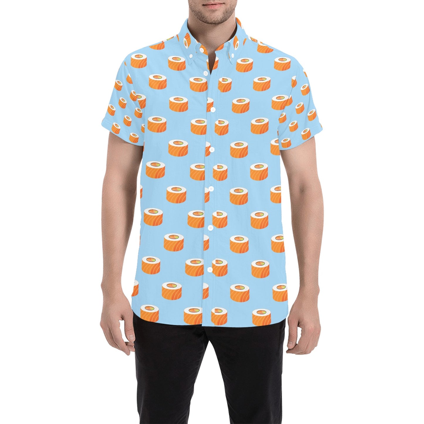 Salmon Sushi Print Design LKS307 Men Short Sleeve Button Up Shirt