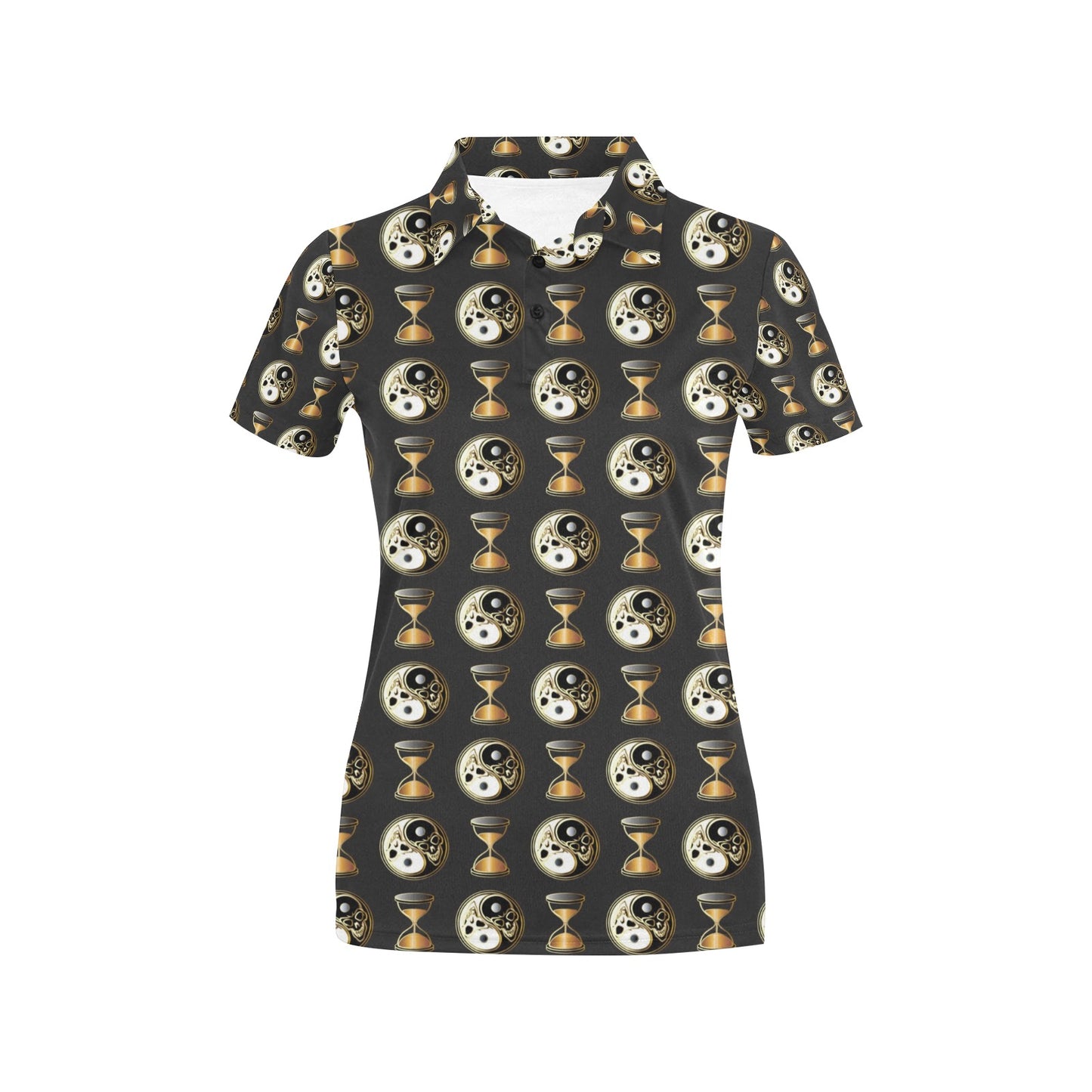 Yin Yang Skull Themed Design Print Women's Polo Shirt