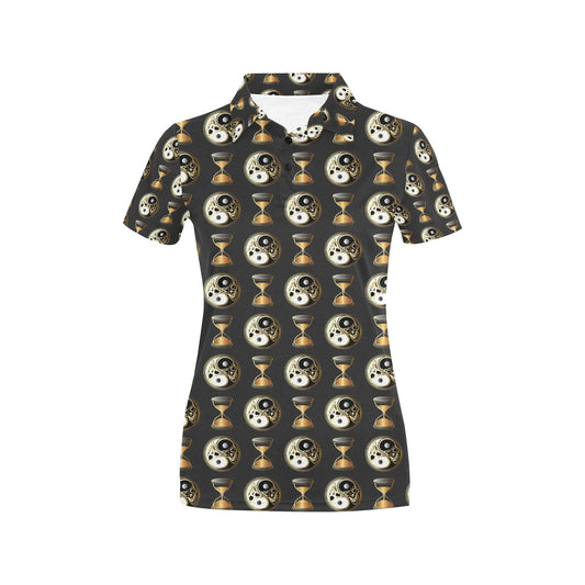 Yin Yang Skull Themed Design Print Women's Polo Shirt