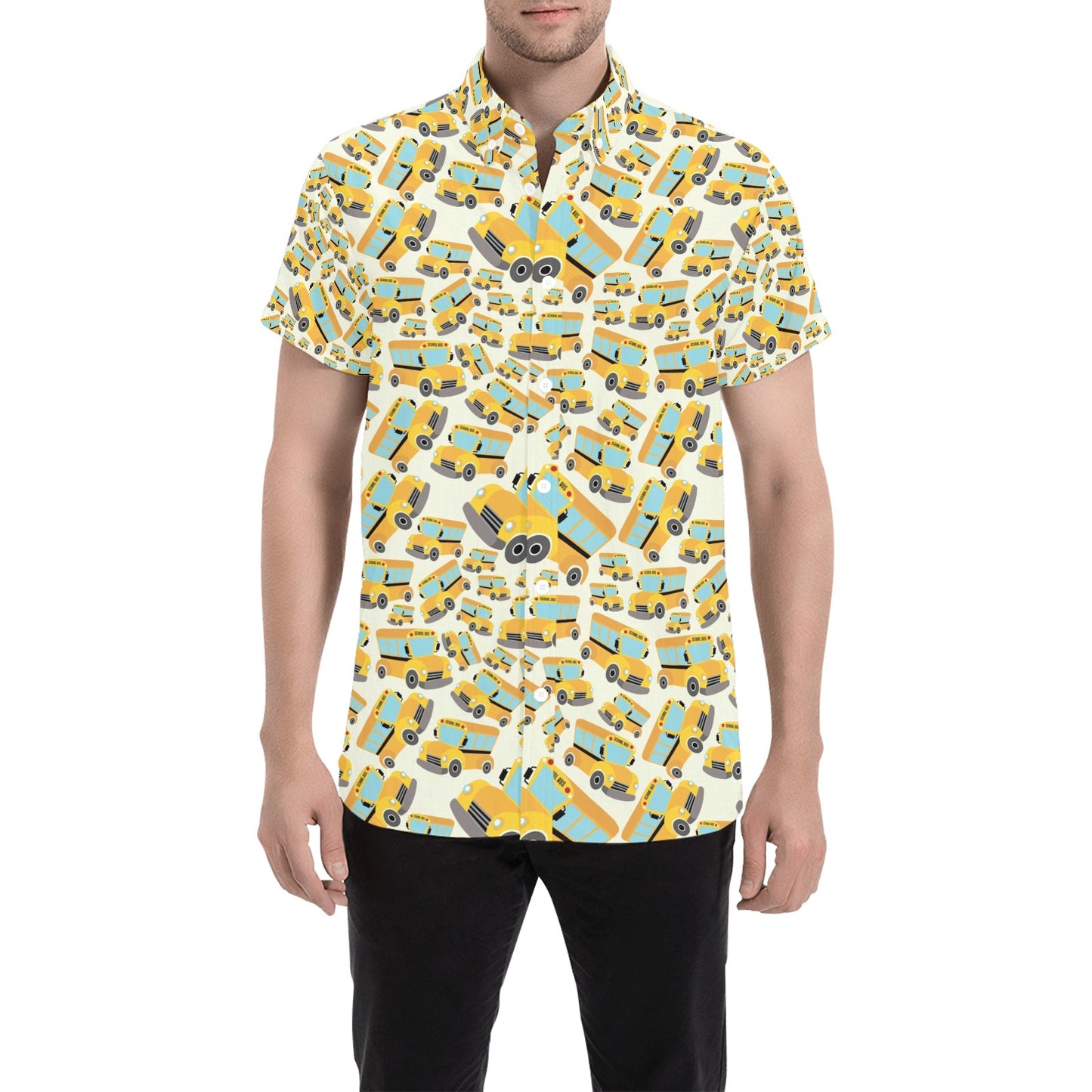 School Bus Print Design LKS301 Men Short Sleeve Button Up Shirt
