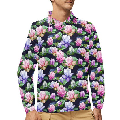 Lotus Flower Print Design Long Sleeve Polo Shirt For Men's