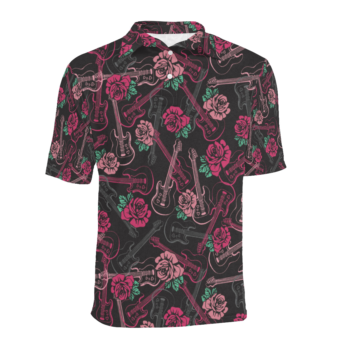 Bass Guitar Pink Rose Pattern Print Design 01 Men Polo Shirt