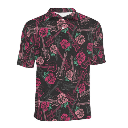 Bass Guitar Pink Rose Pattern Print Design 01 Men Polo Shirt