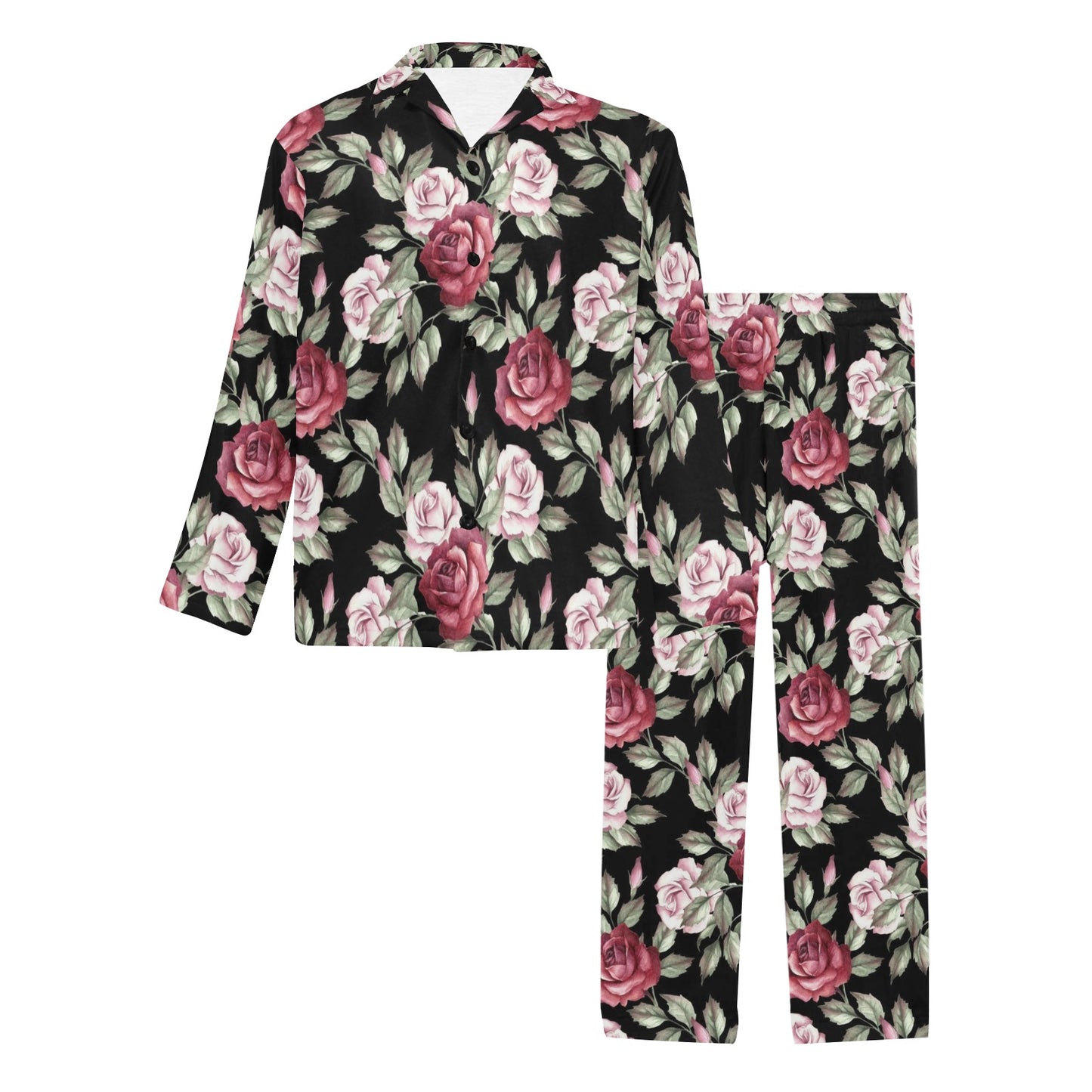 Rose Red Pink Pattern Print Design RO03 Men's Long Pajama Set