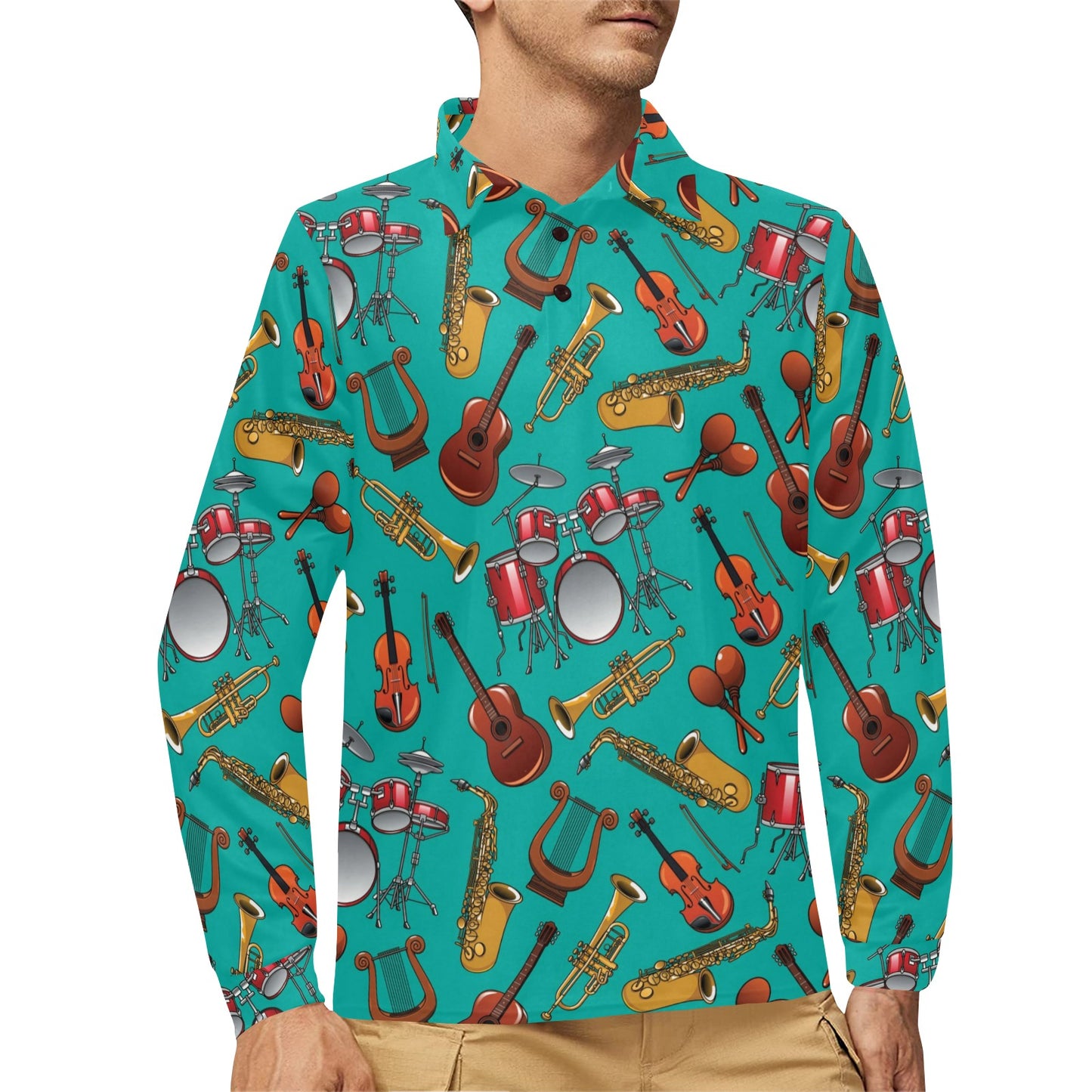 Drum Set Pattern Print Design 01 Long Sleeve Polo Shirt For Men's