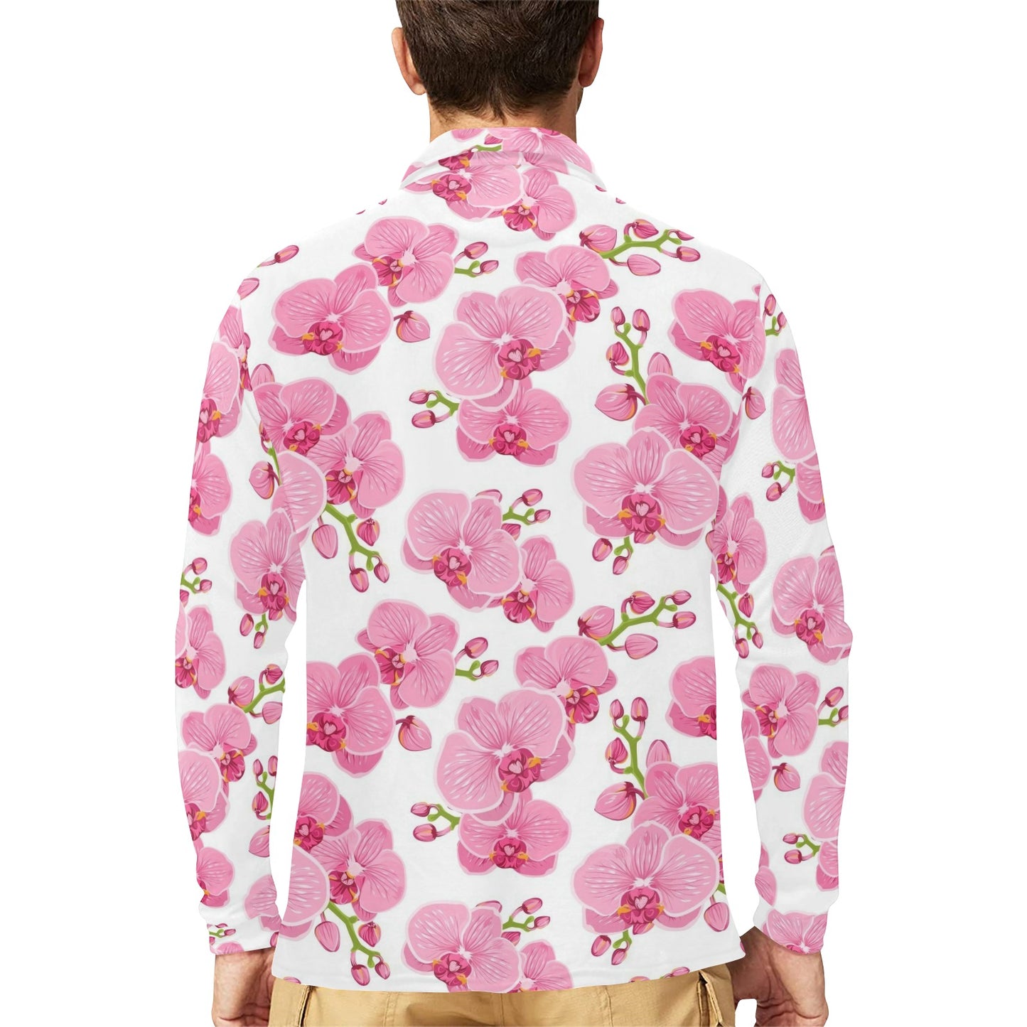 Orchid Pink Pattern Print Design OR07 Long Sleeve Polo Shirt For Men's