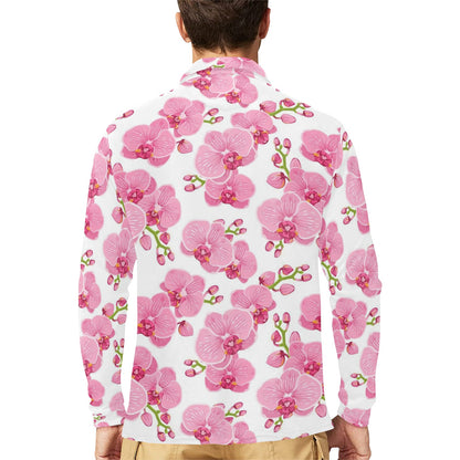 Orchid Pink Pattern Print Design OR07 Long Sleeve Polo Shirt For Men's