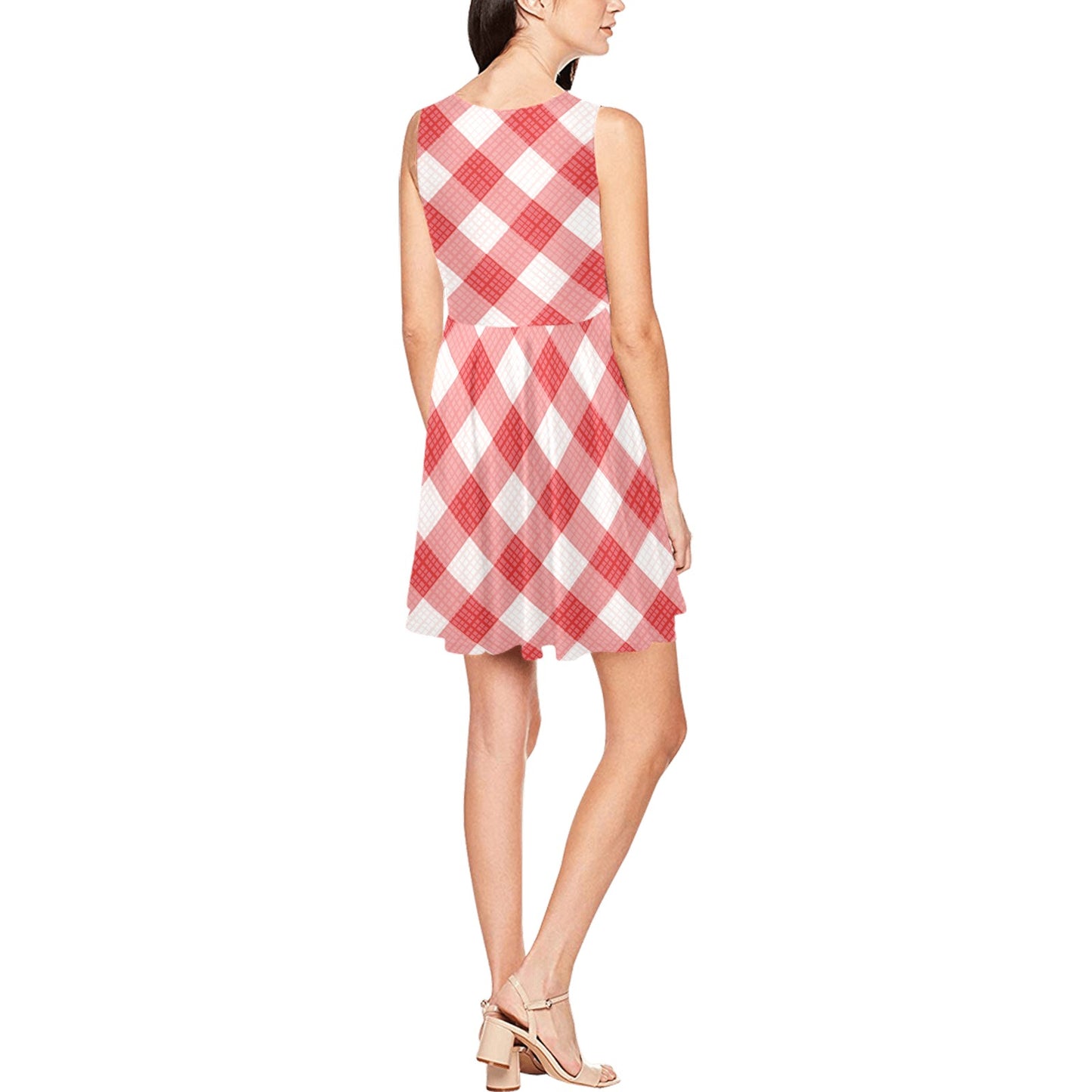 Gingham Red Pattern Print Design 01 Sleeveless Dress