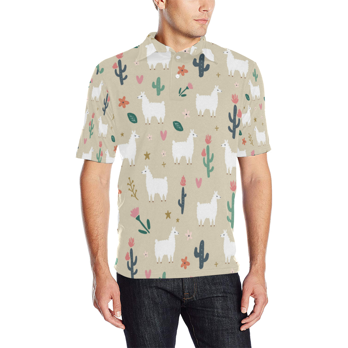 Llama Cactus Pattern Print Design 09 Men Polo Shirt