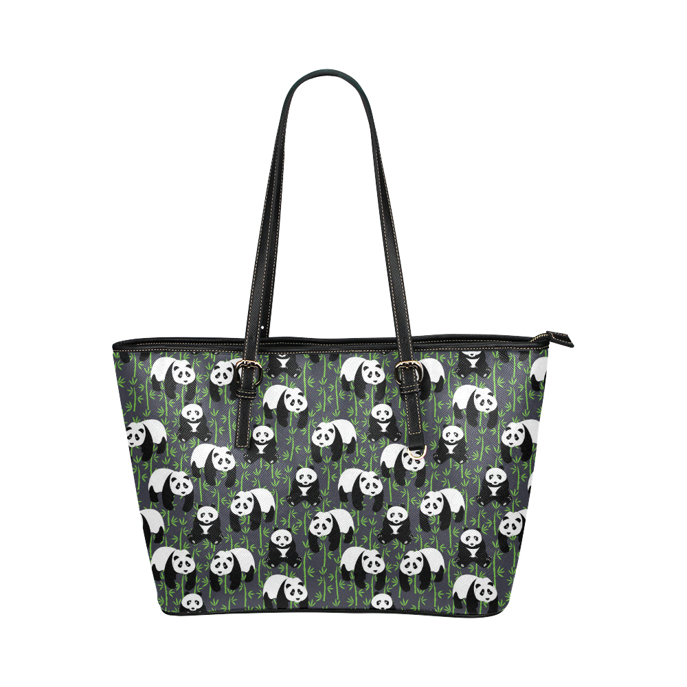 Panda Bear Bamboo Themed Print Leather Tote Bag