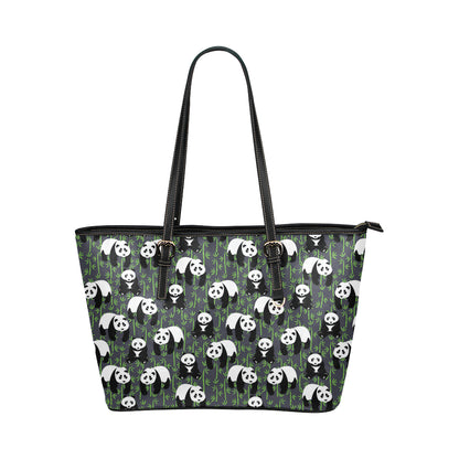 Panda Bear Bamboo Themed Print Leather Tote Bag