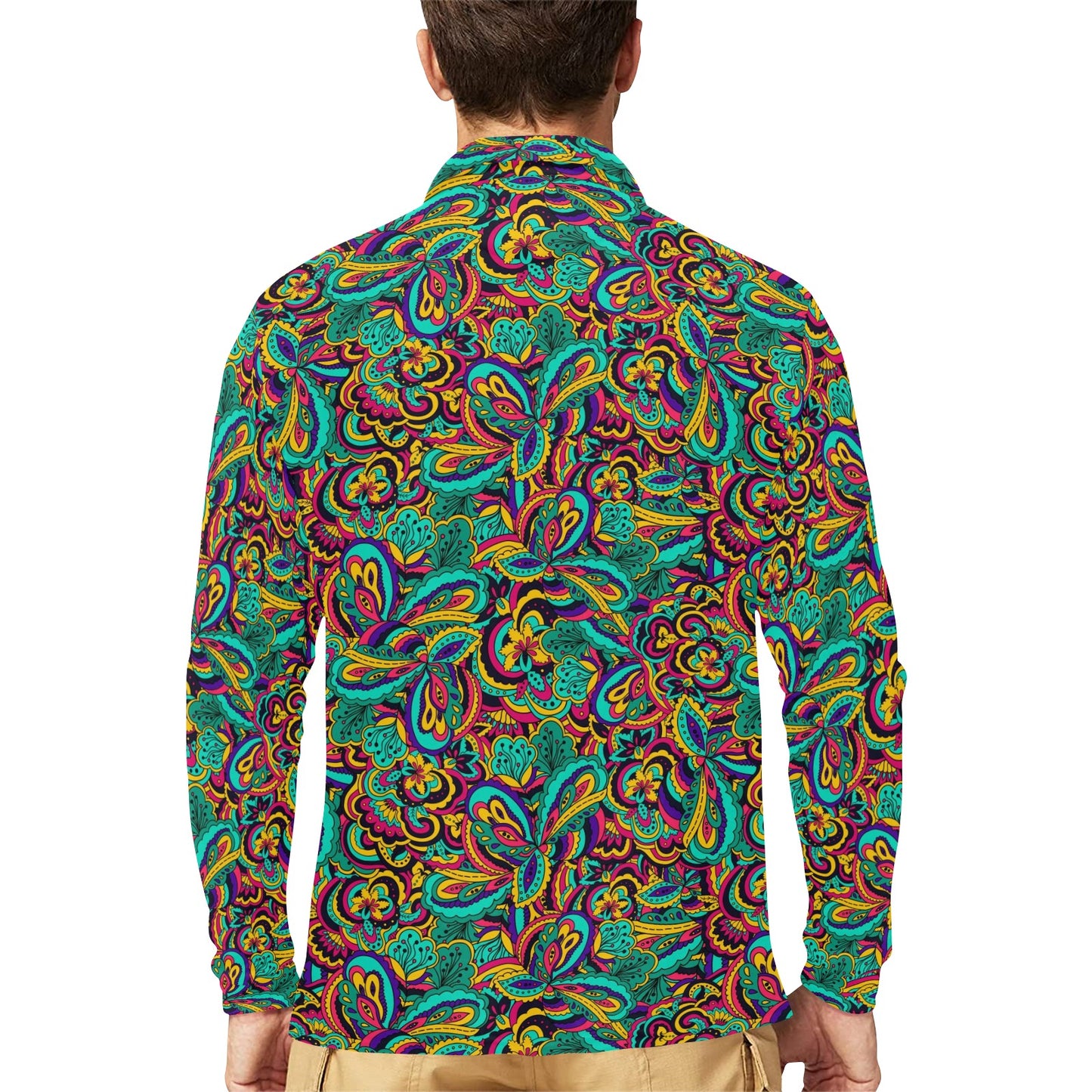 Psychedelic Trippy Floral Design Long Sleeve Polo Shirt For Men's