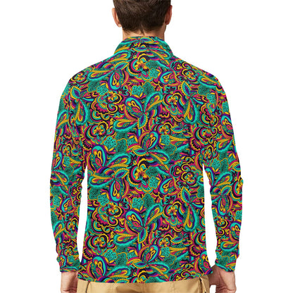 Psychedelic Trippy Floral Design Long Sleeve Polo Shirt For Men's
