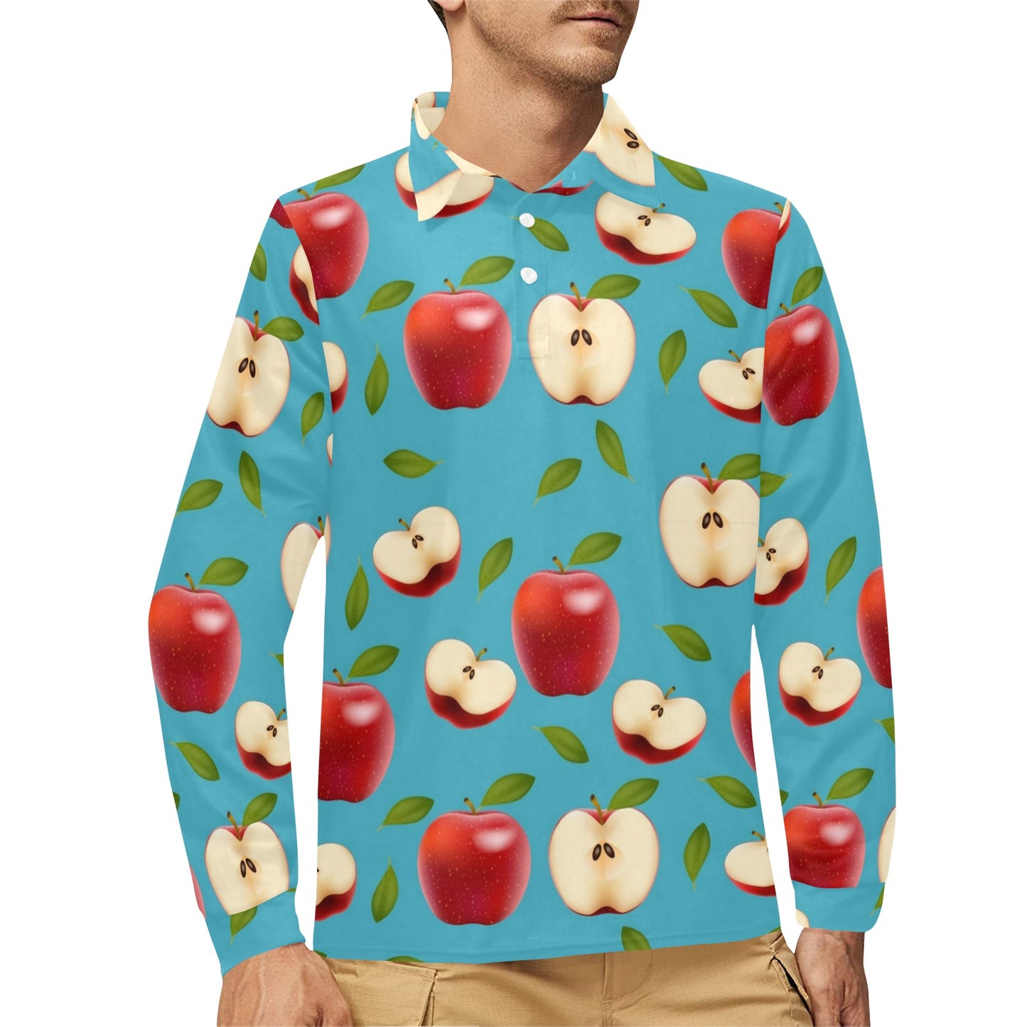 Apple Pattern Print Design AP012 Long Sleeve Polo Shirt For Men's
