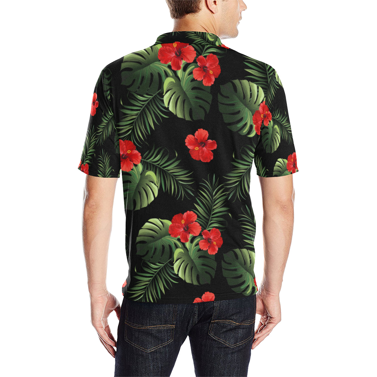 Red Hibiscus Tropical Men Polo Shirt