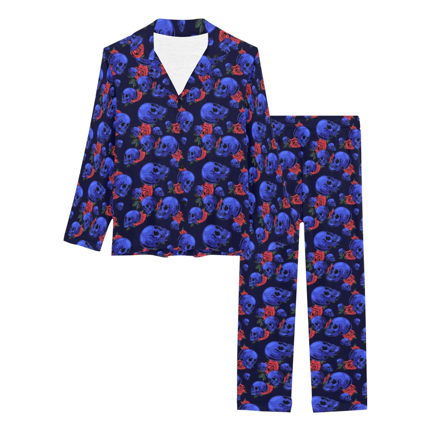 Skull Roses Neon Design Themed Print Women's Long Pajama Set