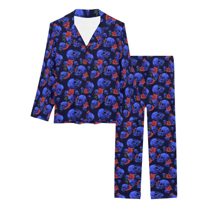 Skull Roses Neon Design Themed Print Women's Long Pajama Set