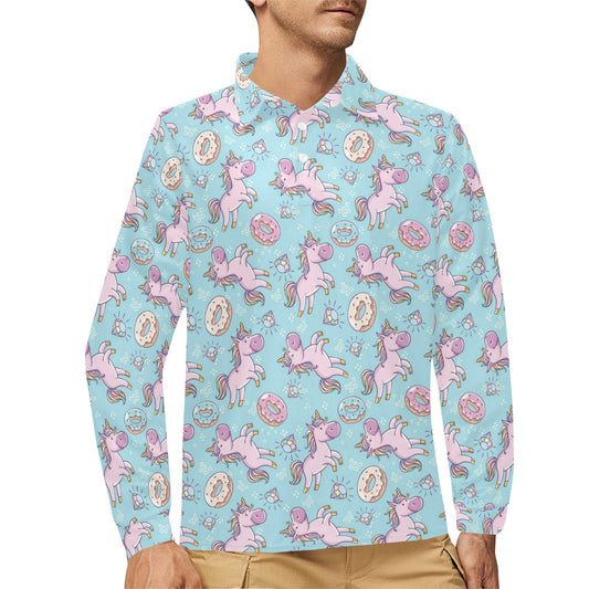 Donut Unicorn Pattern Print Design DN016 Long Sleeve Polo Shirt For Men's