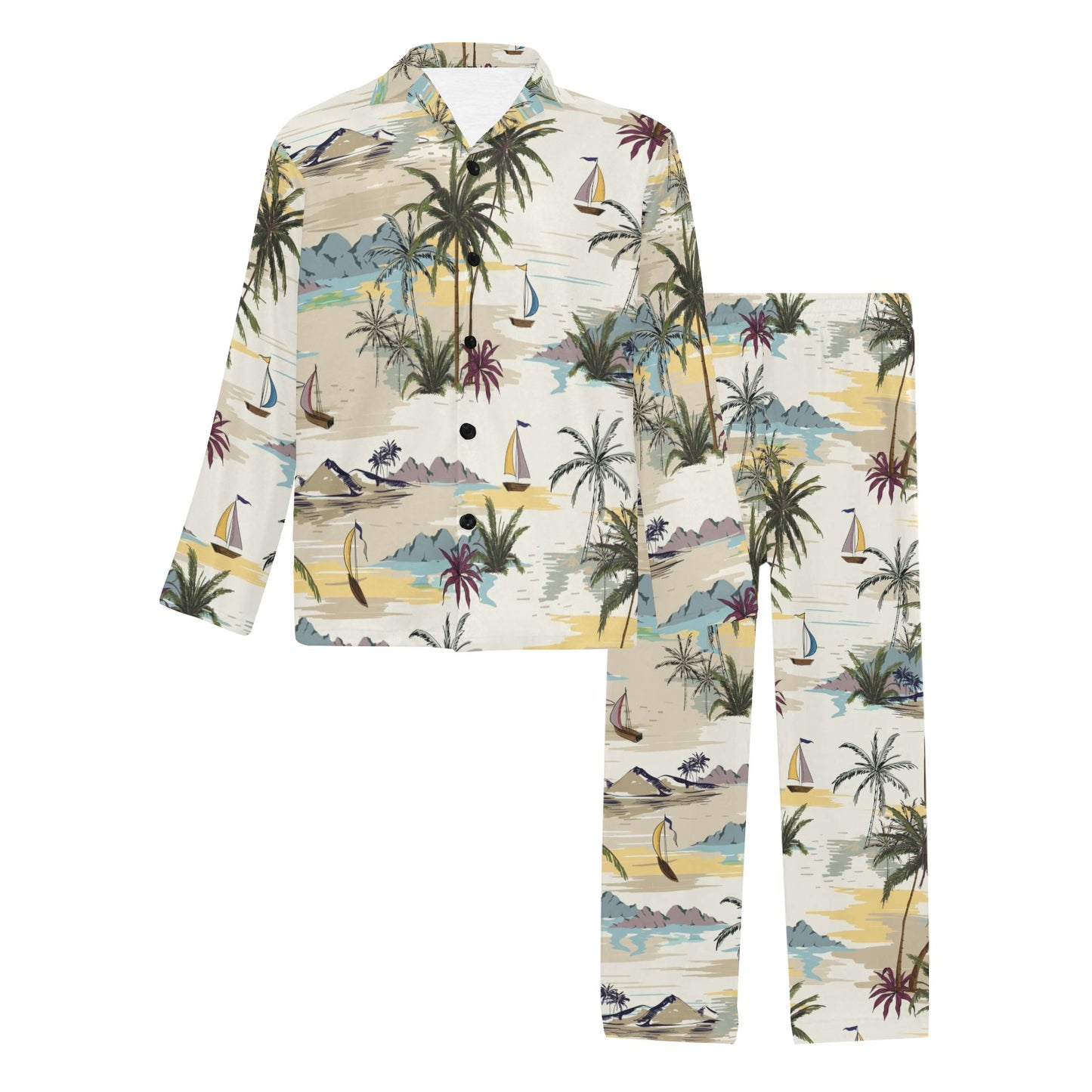 Palm Tree Beach Print Men's Long Pajama Set