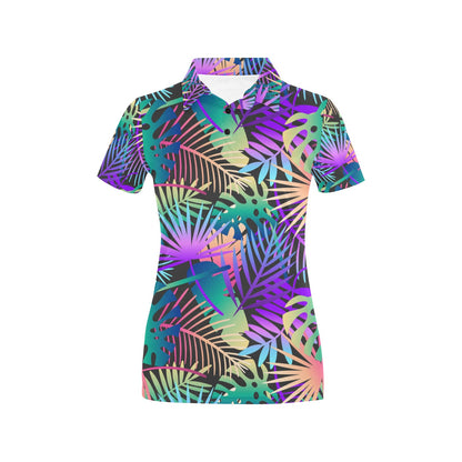Neon Flower Tropical Palm Leaves Women's Polo Shirt