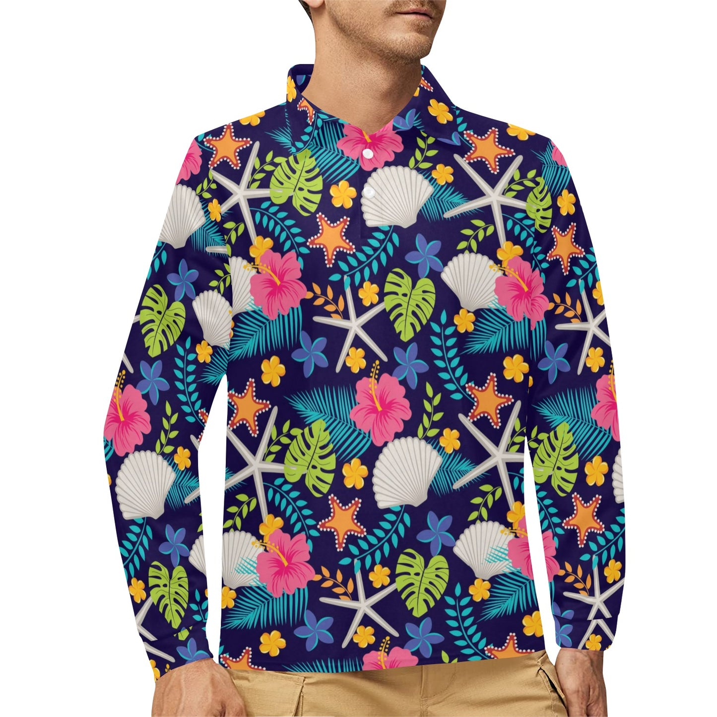Beach Seashell Floral Theme Long Sleeve Polo Shirt For Men's
