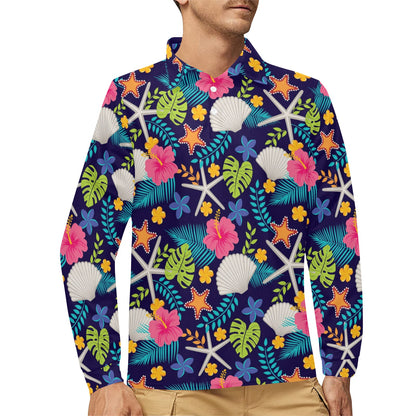 Beach Seashell Floral Theme Long Sleeve Polo Shirt For Men's