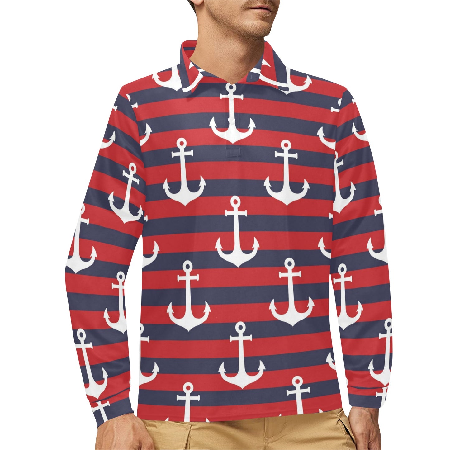 Nautical Pattern Print Design A05 Long Sleeve Polo Shirt For Men's